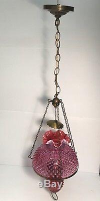 Fenton Glass cranberry hobnail Opalescent Hanging Lamp Chandelier