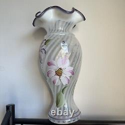 Fenton Heirloom Optic Vase Opalescent Purple Crest Hand Painted Flowers Signed