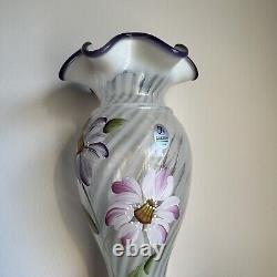 Fenton Heirloom Optic Vase Opalescent Purple Crest Hand Painted Flowers Signed