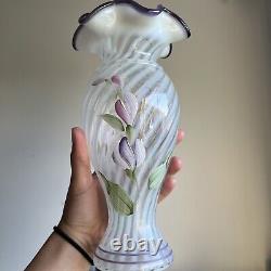 Fenton Heirloom Optic Vase Opalescent Purple Crest Hand Painted Flowers Signed