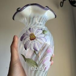 Fenton Heirloom Optic Vase Opalescent Purple Crest Hand Painted Flowers Signed