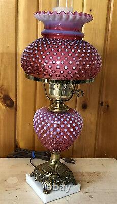 Fenton Hobnail Glass Lamp Cranberry Opalescent Chimney & Brass Base 22