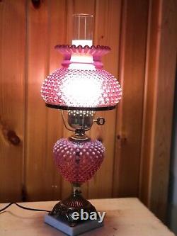 Fenton Hobnail Glass Lamp Cranberry Opalescent Chimney & Brass Base 22