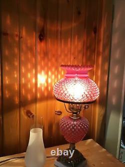 Fenton Hobnail Glass Lamp Cranberry Opalescent Chimney & Brass Base 22