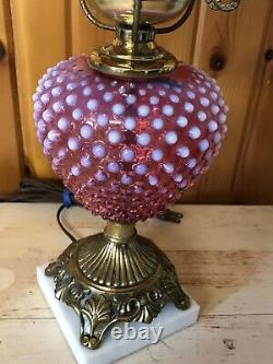 Fenton Hobnail Glass Lamp Cranberry Opalescent Chimney & Brass Base 22