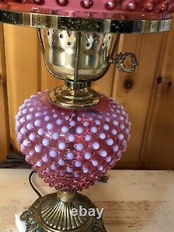 Fenton Hobnail Glass Lamp Cranberry Opalescent Chimney & Brass Base 22