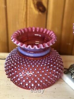 Fenton Hobnail Glass Lamp Cranberry Opalescent Chimney & Brass Base 22