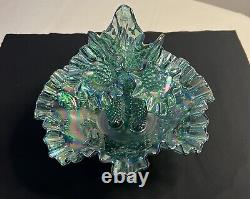 Fenton Iridescent Carnival Glass Cape Cod Green Diamond Lace 3 Horn Epergne