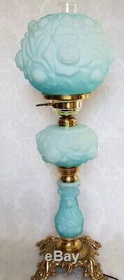 Fenton LG Wright Lamp Puffy Rose Satin Cased Glass Blue GWTW 3-way VERY RARE
