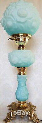 Fenton LG Wright Lamp Puffy Rose Satin Cased Glass Blue GWTW 3-way VERY RARE