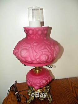Fenton LG Wright Lamp Wild Rose Overlay Satin Puffy Rose w Lighted Font Scarce