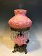 Fenton Lg Wright Pink Rose Lamp White Overlay Prism Crystals 3-way Lighted Font