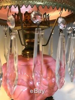 Fenton LG Wright PINK ROSE Lamp White Overlay Prism Crystals 3-way Lighted Font
