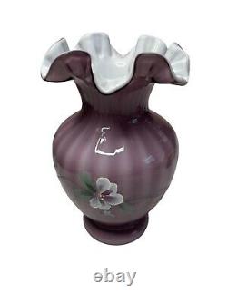 Fenton Lilac Cased White Vase Hand Painted Floral Ruffle Signed By S. Hopkins