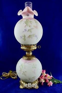 Fenton Lotus Mist Burmese GWTW Lamp Butterfly & Berries 95th Anniv. Signed Fleak