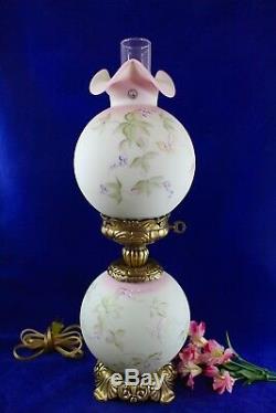 Fenton Lotus Mist Burmese GWTW Lamp Butterfly & Berries 95th Anniv. Signed Fleak