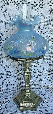 Fenton Misty Blue HP Irises Paisley Iridescent Lamp S. Stephens Original Sticker