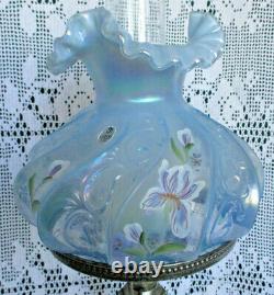 Fenton Misty Blue HP Irises Paisley Iridescent Lamp S. Stephens Original Sticker