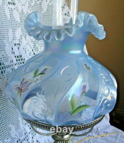 Fenton Misty Blue HP Irises Paisley Iridescent Lamp S. Stephens Original Sticker