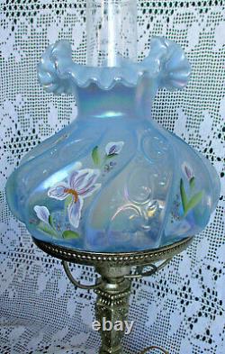 Fenton Misty Blue HP Irises Paisley Iridescent Lamp S. Stephens Original Sticker