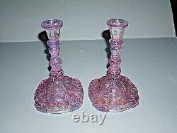 Fenton North American Glass Opalescent Iridescent Pink Victorian Candle sticks 2