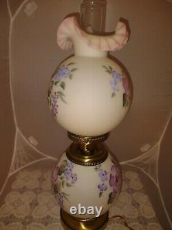 Fenton Opal Satin Lavender Glass Hand Painted Floral Gone With Wind Lamp 3-Way