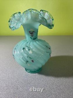 Fenton Persian Blue Overlay Go Created Swirled Ruffled Vase Hand Painted