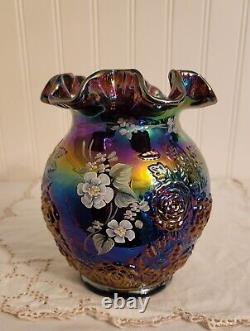Fenton Plum Carnival Glass Vase Floral Embossed Roses Hand Painted Flowers