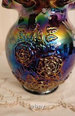 Fenton Plum Carnival Glass Vase Floral Embossed Roses Hand Painted Flowers