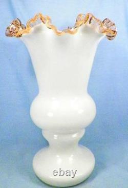 Fenton Rose Crest Vase 4517 11in Art Glass Milk White Peachy Pink Ruffle Vintage