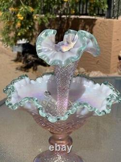 Fenton Sea Mist Green Crest Champagne Pink Diamond Lace Epergne, Bill Fenton