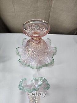 Fenton Sea Mist Green Crest Champagne Pink Diamond Lace Epergne-Bill Fenton