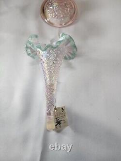 Fenton Sea Mist Green Crest Champagne Pink Diamond Lace Epergne-Bill Fenton