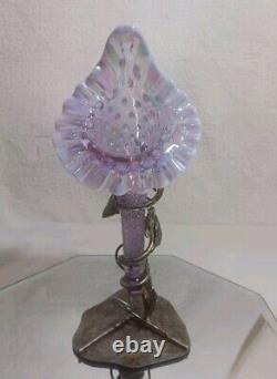 Fenton Single Horn Epergne Jack In Pulpit Pink Diamond Vase Leaf Metal Base