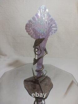 Fenton Single Horn Epergne Jack In Pulpit Pink Diamond Vase Leaf Metal Base