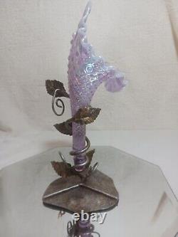 Fenton Single Horn Epergne Jack In Pulpit Pink Diamond Vase Leaf Metal Base