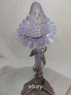 Fenton Single Horn Epergne Jack In Pulpit Pink Diamond Vase Leaf Metal Base