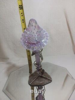 Fenton Single Horn Epergne Jack In Pulpit Pink Diamond Vase Leaf Metal Base