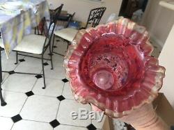 Fine Antique cranberry glass vase with applied fruit leaves enamel floral moser