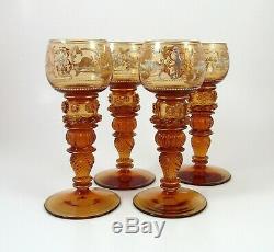 Fine Victorian Enameled Moser Roemer Amber Glass Wine Goblets Bohemian