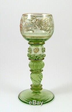Fine Victorian Enameled Moser Roemer Uranium Vaseline Glass Wine Stems Bohemian