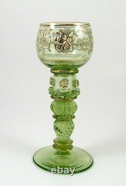 Fine Victorian Enameled Moser Roemer Uranium Vaseline Glass Wine Stems Bohemian