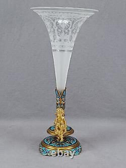 French Engraved Frosted & Turquoise Champleve & Gilt Ormolu Cherubs Epergne Vase