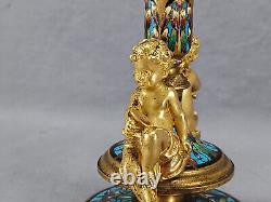 French Engraved Frosted & Turquoise Champleve & Gilt Ormolu Cherubs Epergne Vase