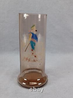 French Legras Hand Enameled Punchinello Amber Glass Spill Vase C. 1900