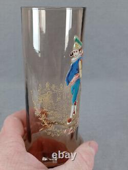 French Legras Hand Enameled Punchinello Amber Glass Spill Vase C. 1900