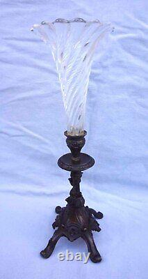 French Trumpet Vase Baccarat Crystal Twisted Horn Spelter Base Birds Late 19th C