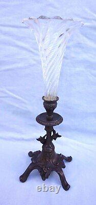 French Trumpet Vase Baccarat Crystal Twisted Horn Spelter Base Birds Late 19th C