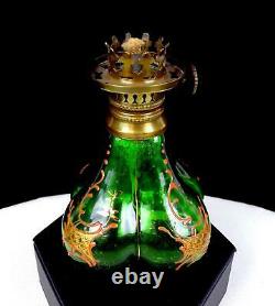 French Victorian Art Glass Green Enameled Mini 4 Oil Kerosene Lamp 1890-1920