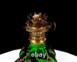 French Victorian Art Glass Green Enameled Mini 4 Oil Kerosene Lamp 1890-1920